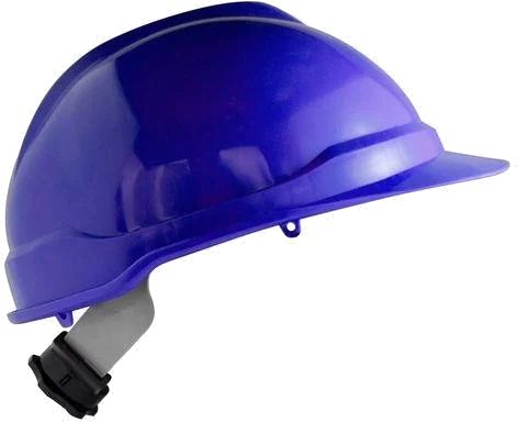 Casco de seguridad azul con visera corta, suspensión interior y barboquejo.