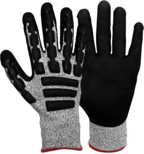 Par de guantes de protección con dorso gris antiscorte, refuerzos negros en los nudillos y palma con recubrimiento negro.