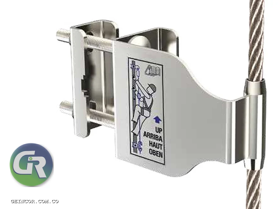Deslizador anticaídas de acero para cable vertical, con su cuerpo de bloqueo.