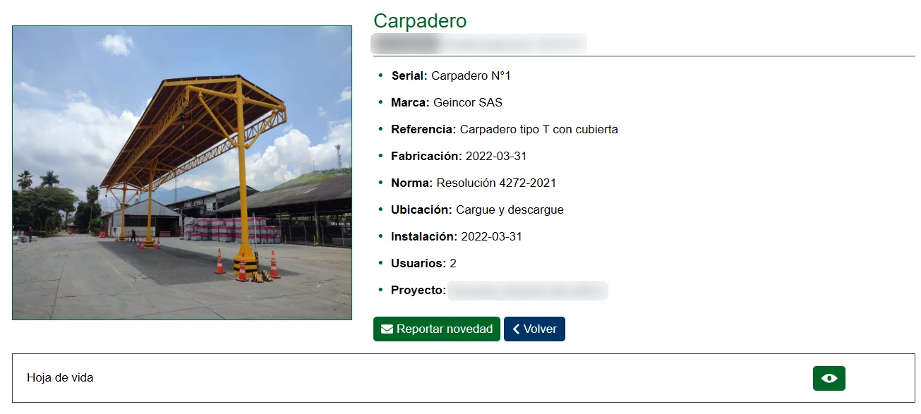 Ficha de un carpadero: foto, norma, fabricación, instalación, usuarios y hoja de vida